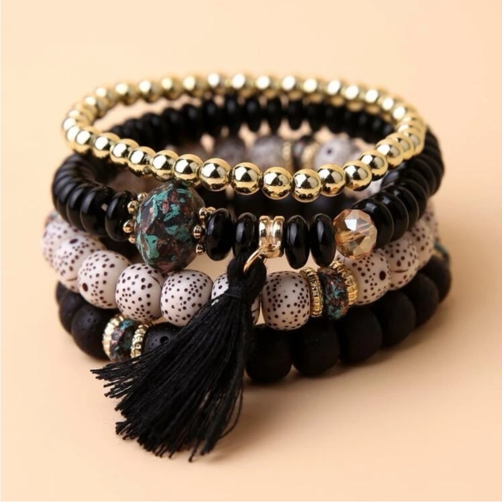 4 Black beaded tassel bracelet stack set NWOT